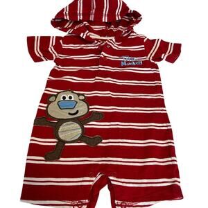Jumping Bean red & white striped baby hooded romper Mom Little Monkey sz 9 mth
